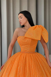 Classy Orange Sequins One Shoulder Ball Gown Prom Dress with Bowknot